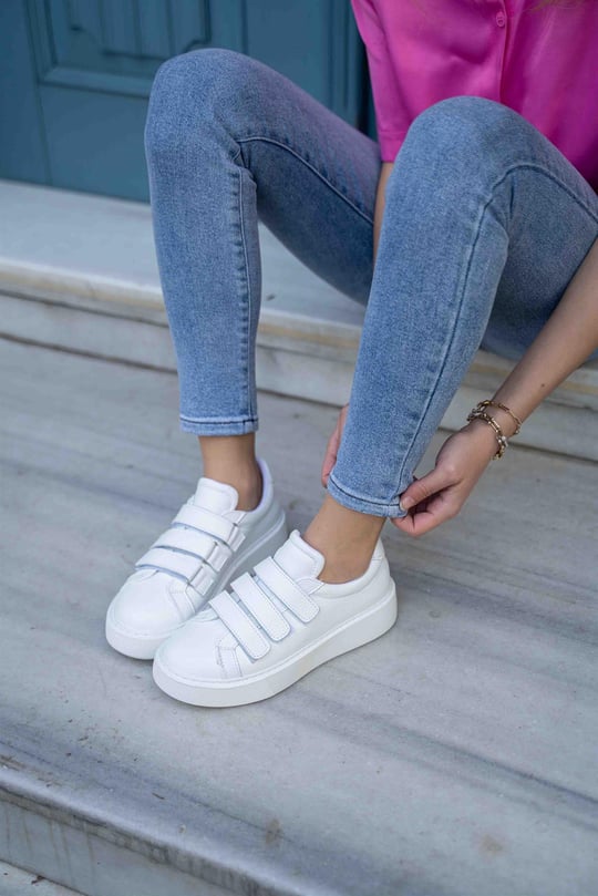 Calvin Beyaz Renkli Gerçek Deri Cırt Cırtlı Kadın Spor Ayakkabı