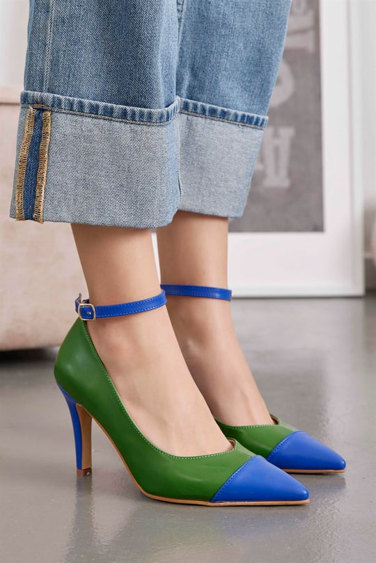 Paula Yeşil Mavi Özel Tasarım Kadın Topuklu Ayakkabı