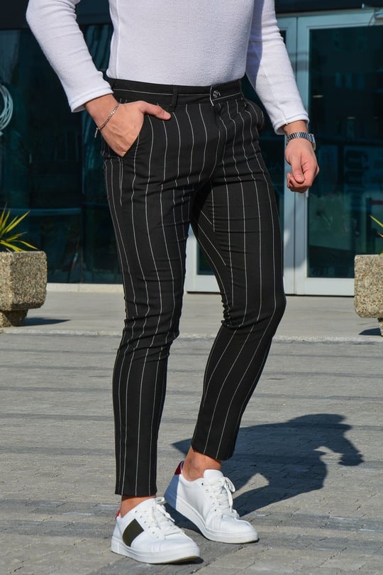 Erkek Slim Fit Çizgili Keten Pantolon 21K-2200389-01 Siyah | Terapi Giyim