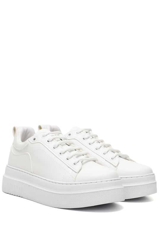 Beyaz Gön Yuvarlak Burun Dolgu Taban Bağcıklı Kadın Sneaker 35553