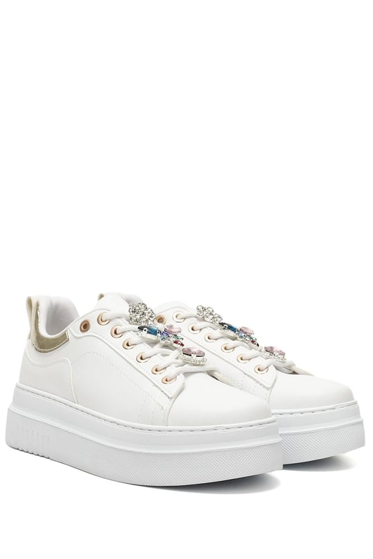 BEYAZ TAŞLI Gön Yuvarlak Burun Dolgu Taban Bağcıklı Kadın Sneaker 35553