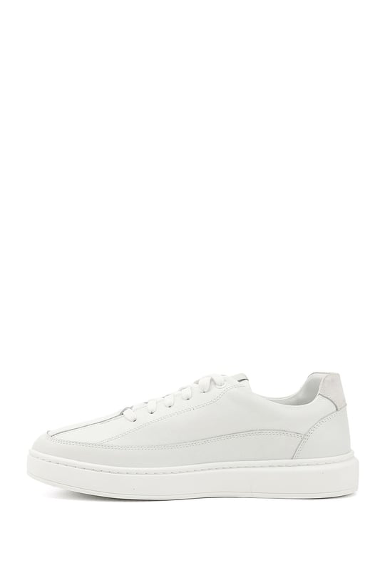 Men's White Lace-Up Rubber Sole Genuine Leather Sneakers