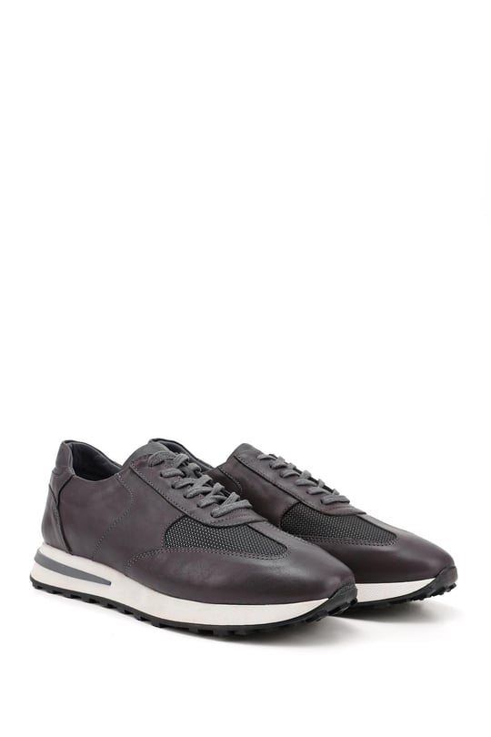 Erkek Gri Bağcıklı Hakiki Deri Sneaker