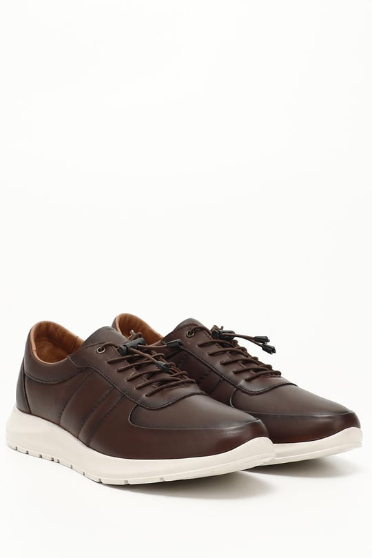 Erkek Kahverengi Bağcıklı Kauçuk Taban Hakiki Deri Sneaker