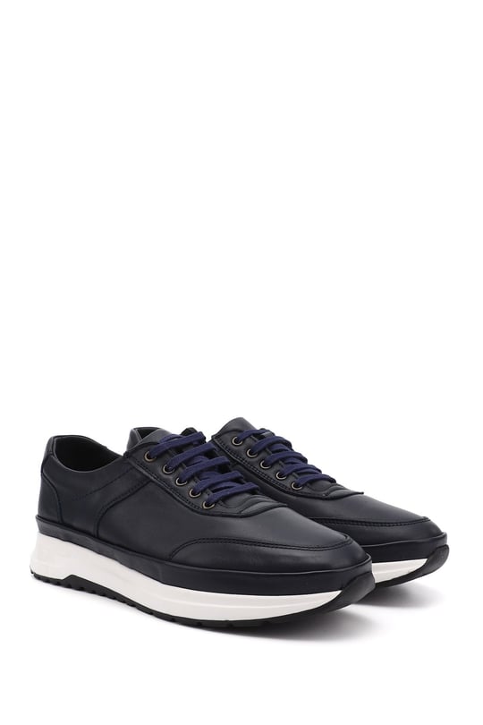 Men's Navy Blue Antique Laced Genuine Leather Comfort Sneaker