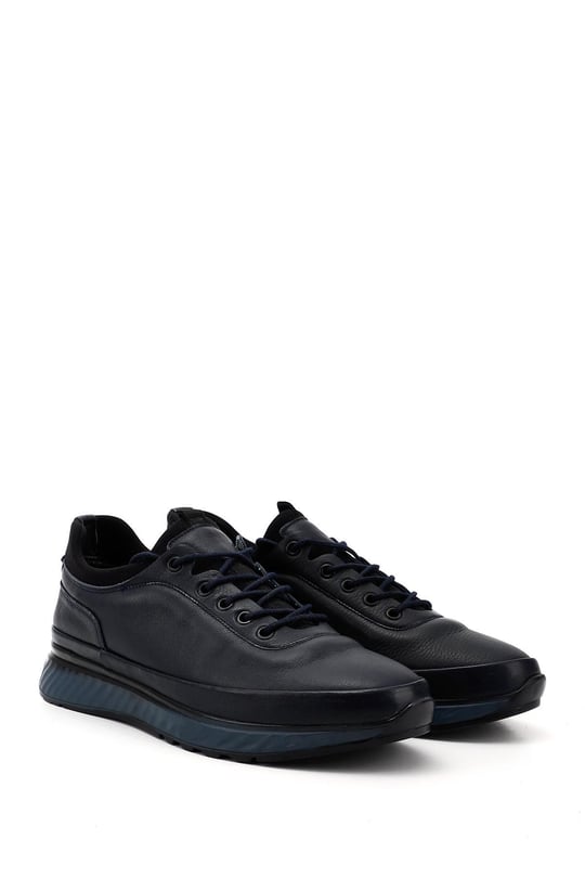 Erkek Lacivert Antik Bağcıklı Jel Tabanlıklı Hakiki Deri Sneaker