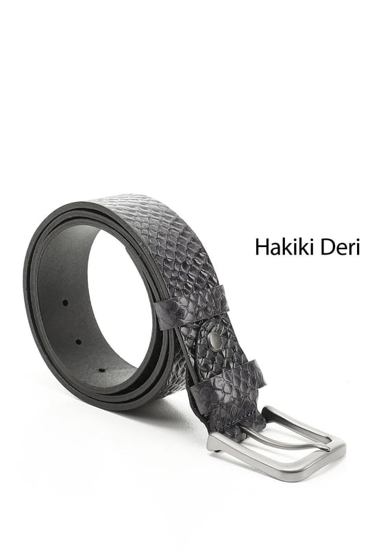 Erkek Lacivert Antik Hakiki Deri 4 Cm Baskılı Kot Kemeri