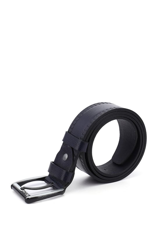 Men's Navy Blue Antique Genuine Leather 4.5 Cm Stitched Jeans Belt