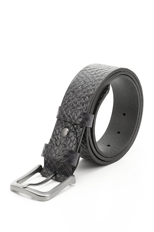 Erkek Lacivert Antik Hakiki Deri 4 Cm Baskılı Kot Kemeri