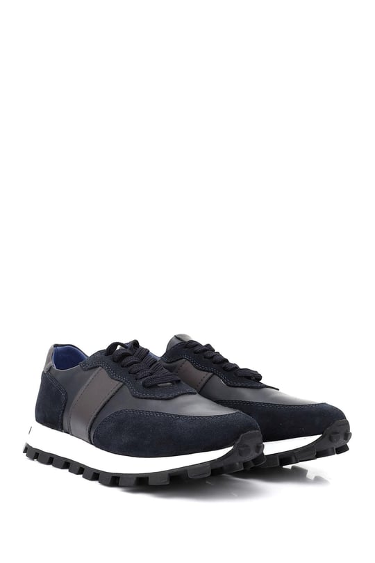 Erkek Lacivert Bağcıklı Hakiki Deri Comfort Sneaker