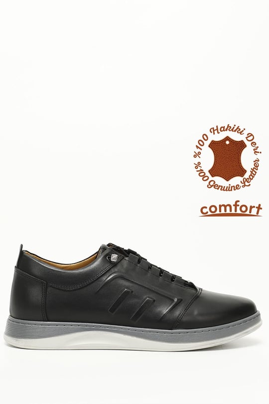 Erkek Siyah Bağcıklı Hakiki Deri Comfort Sneaker