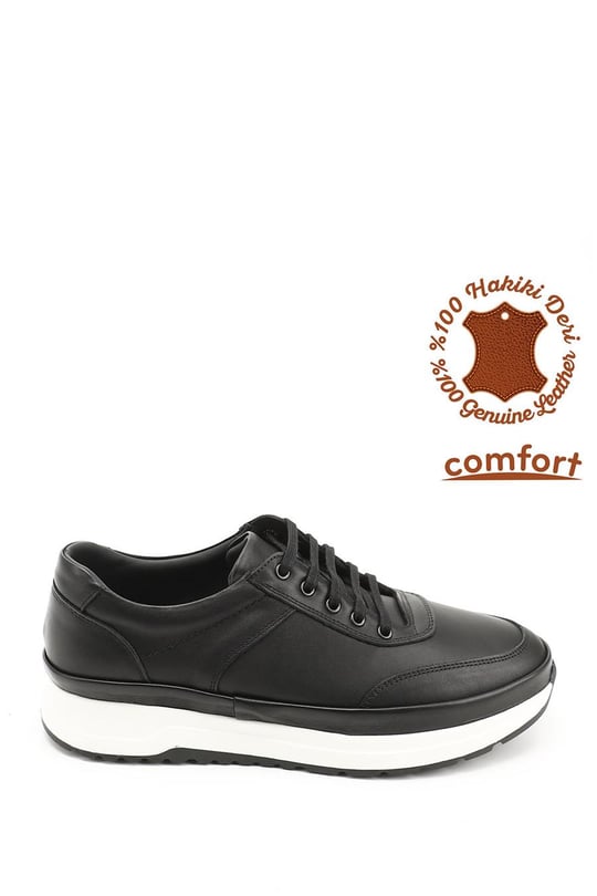 Erkek Siyah Bağcıklı Hakiki Deri Comfort Sneaker