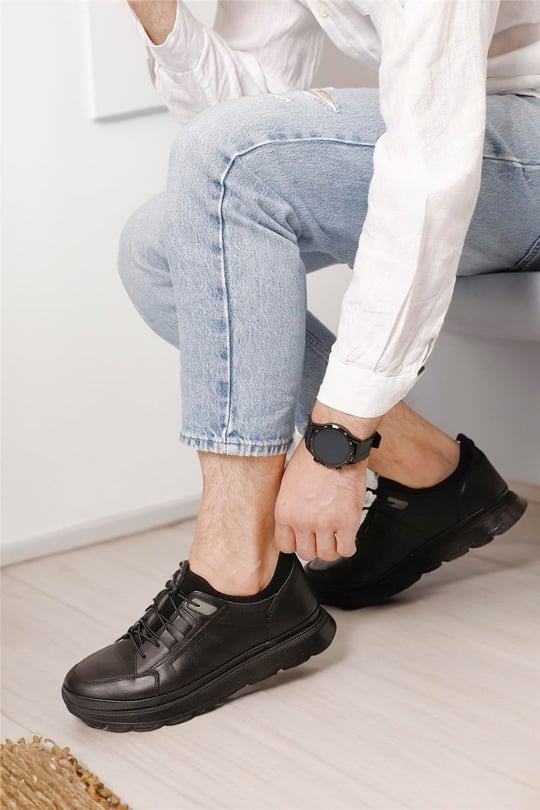 Erkek Siyah Bağcıklı Hakiki Deri Comfort Sneaker