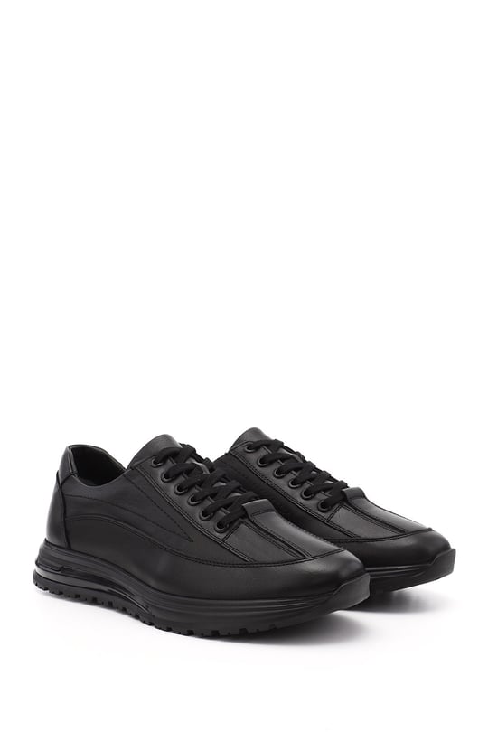 Men's Black Lace-Up Rubber Sole Genuine Leather Sneaker