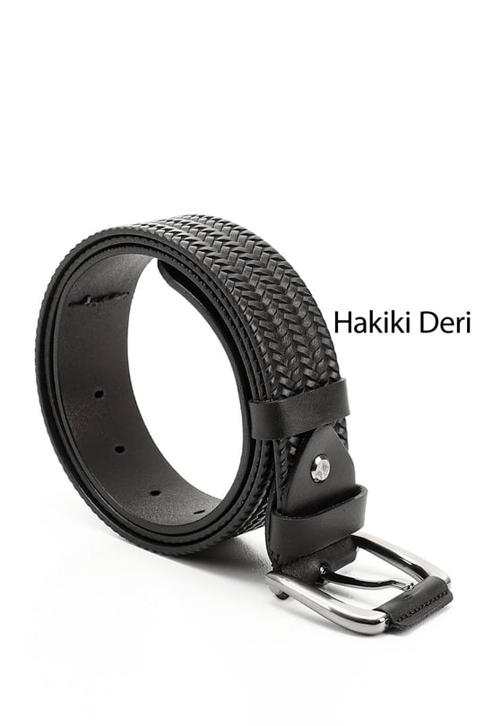 Erkek Siyah Hakiki Deri 4 Cm Baskılı Kot Kemeri