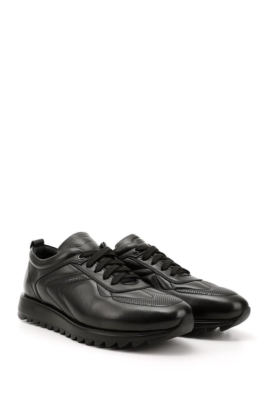 Men's Black Genuine Leather Lace-Up Sneakers