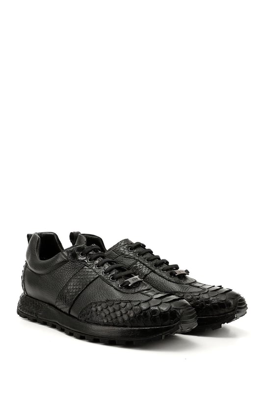 Erkek Siyah Piton Bağcıklı Hakiki Deri Comfort Sneaker