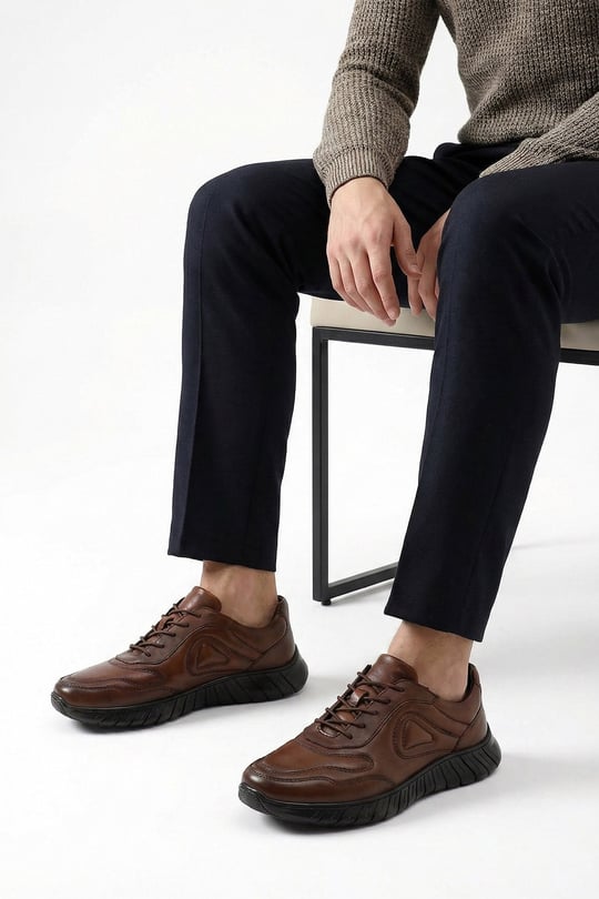 Men's Tan Lace-Up Genuine Leather Comfort Sneaker