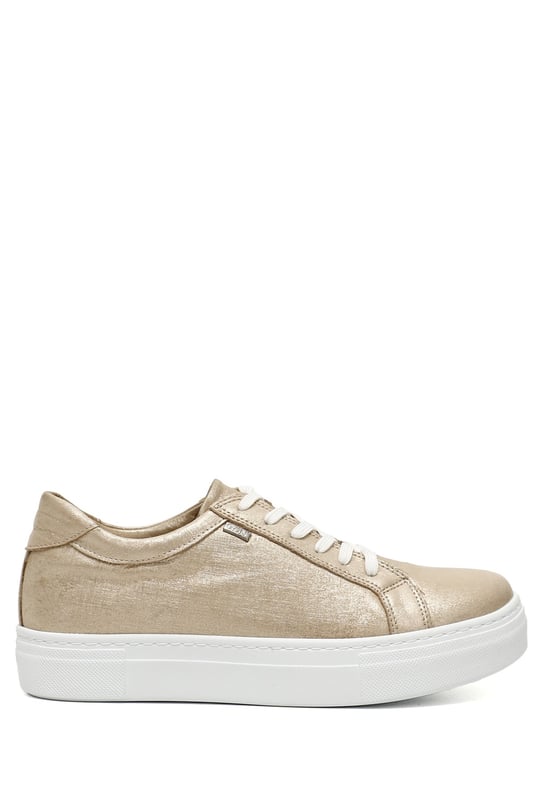 Kadın Altın Bağcıklı Dolgu Taban Hakiki Deri Sneaker