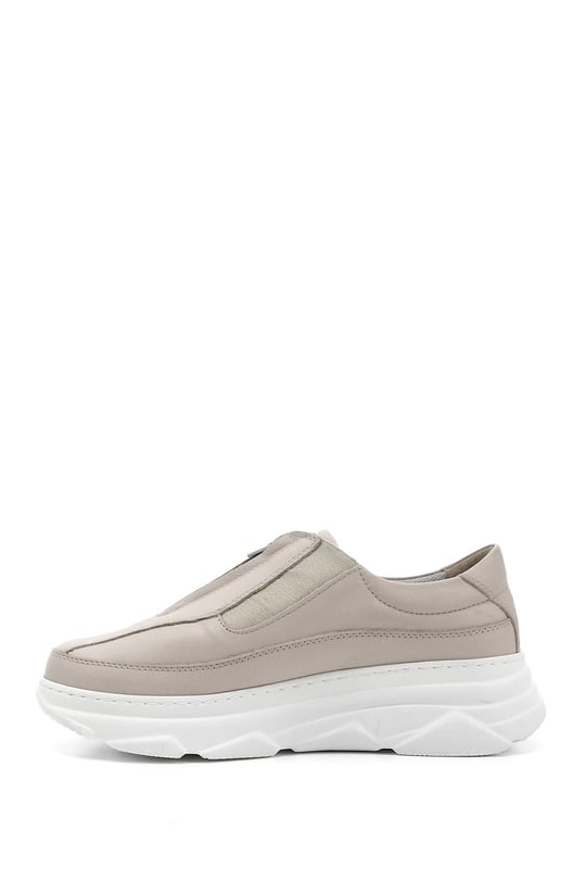 Kadın Bej Antik Fermuarlı Dolgu Taban Hakiki Deri Sneaker
