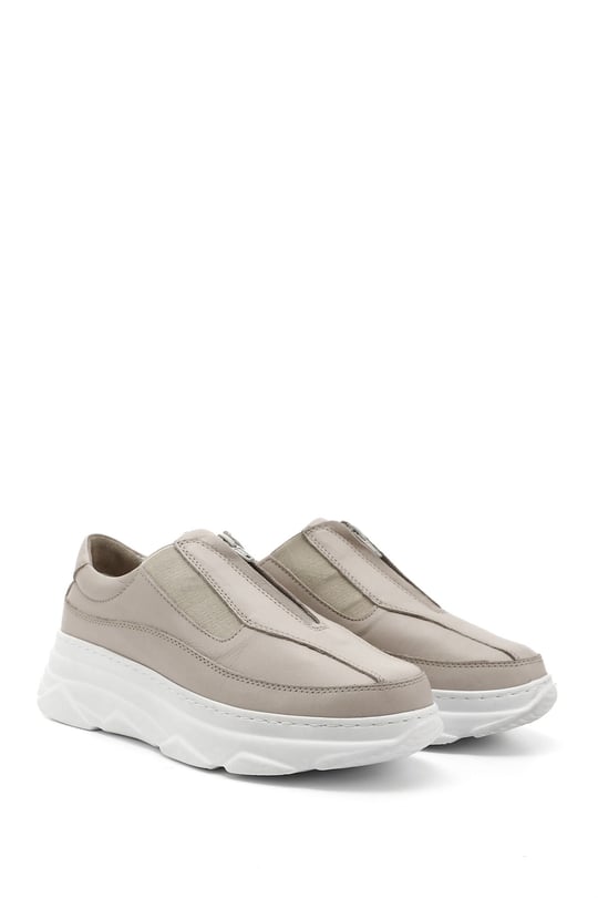 Kadın Bej Antik Fermuarlı Dolgu Taban Hakiki Deri Sneaker