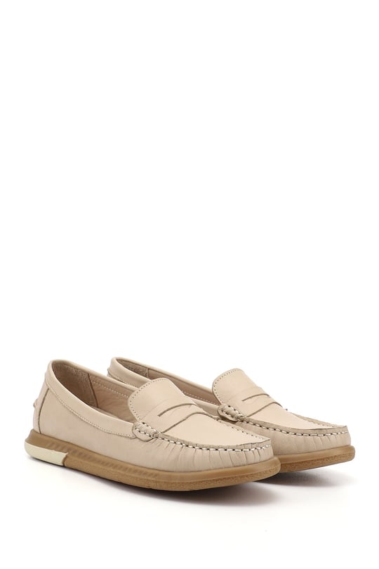 Kadın Bej Antik Rok Hakiki Deri Comfort Loafer