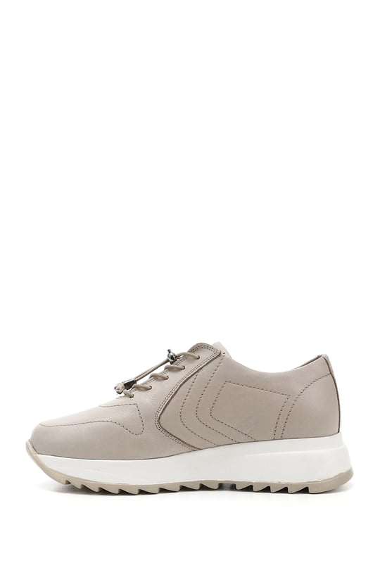 Kadın Bej Bağcıklı Dolgu Taban Hakiki Deri Sneaker