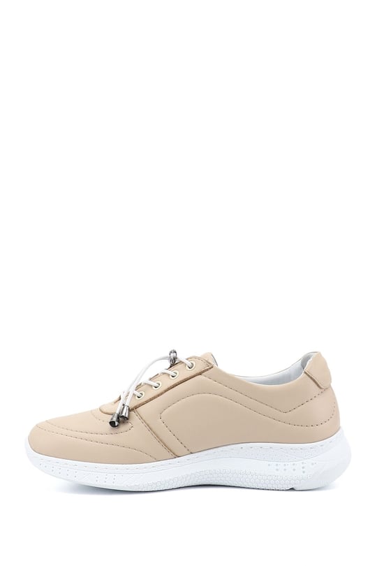 Kadın Bej Bağcıklı Dolgu Taban Hakiki Deri Sneaker