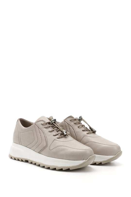 Kadın Bej Bağcıklı Dolgu Taban Hakiki Deri Sneaker