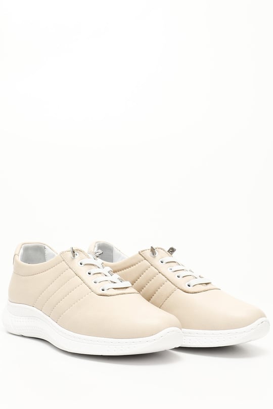 Kadın Bej Bağcıklı Dolgu Taban Hakiki Deri Sneaker