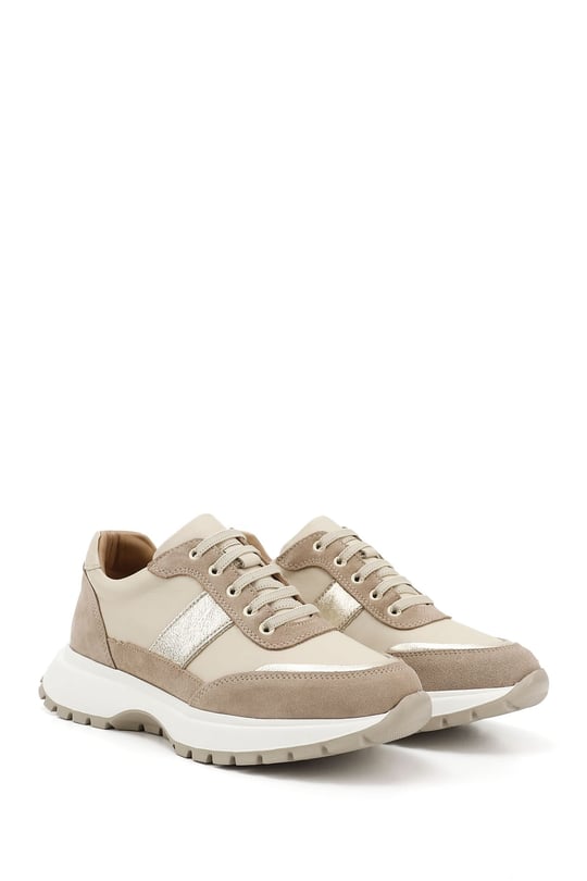 Women's Beige Lace-Up Wedge Sole Genuine Leather Sneakers