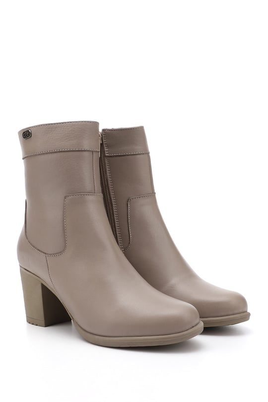 Women's Beige Zippered Thick Heel Genuine Leather Boots