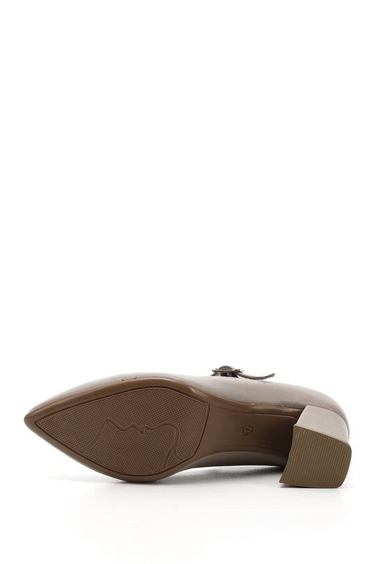 Women's Beige Pointed Toe Medium Thick Heel Genuine Leather Shoes