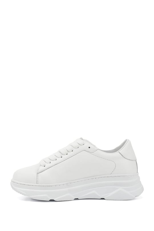 Women's White Lace-Up Wedge Sole Genuine Leather Sneakers