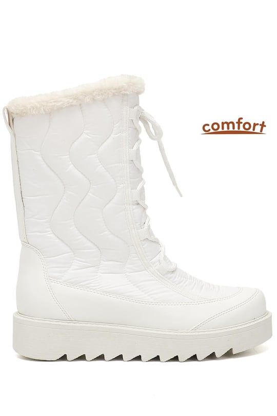Kadın Beyaz Bağcıklı Termo Taban Comfort Kar Botu