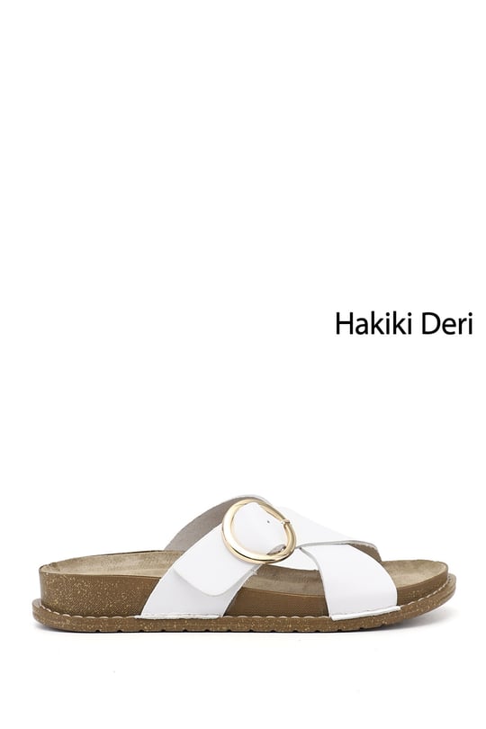 Kadın Beyaz Çapraz Bantlı Hakiki Deri Terlik