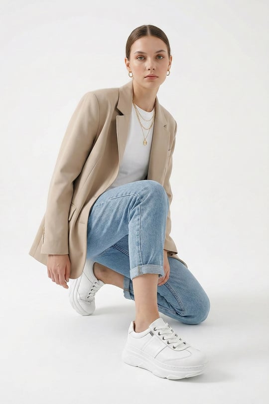 Kadın Beyaz Dolgu Taban Bağcıklı Hakiki Deri Sneaker