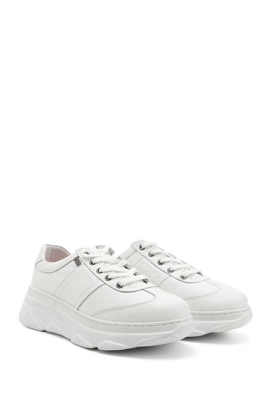 Kadın Beyaz Dolgu Taban Bağcıklı Hakiki Deri Sneaker