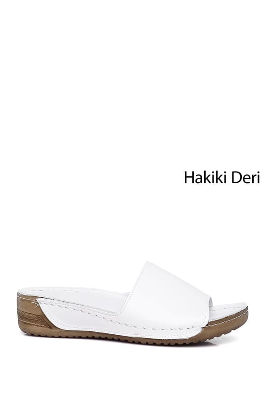 Kadın Beyaz Dolgu Taban Hakiki Deri Terlik