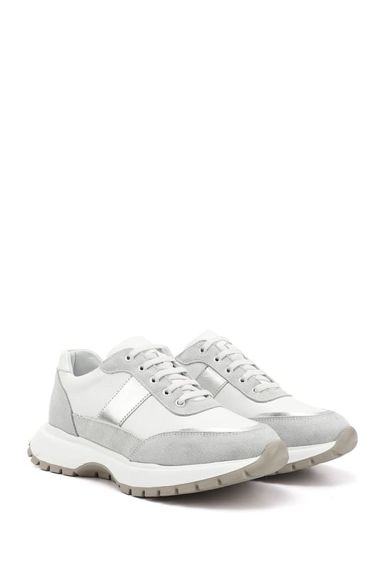 Kadın Beyaz Dolgu Taban Lastik Bağcıklı Hakiki Deri Sneaker
