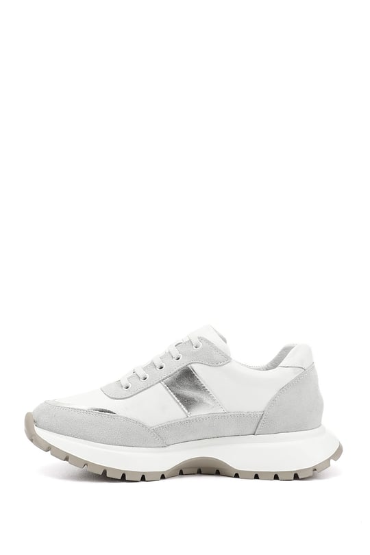 Kadın Beyaz Dolgu Taban Lastik Bağcıklı Hakiki Deri Sneaker