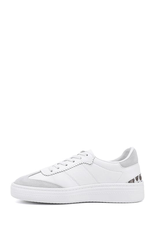 Women's White Lace-Up Genuine Leather Sneakers