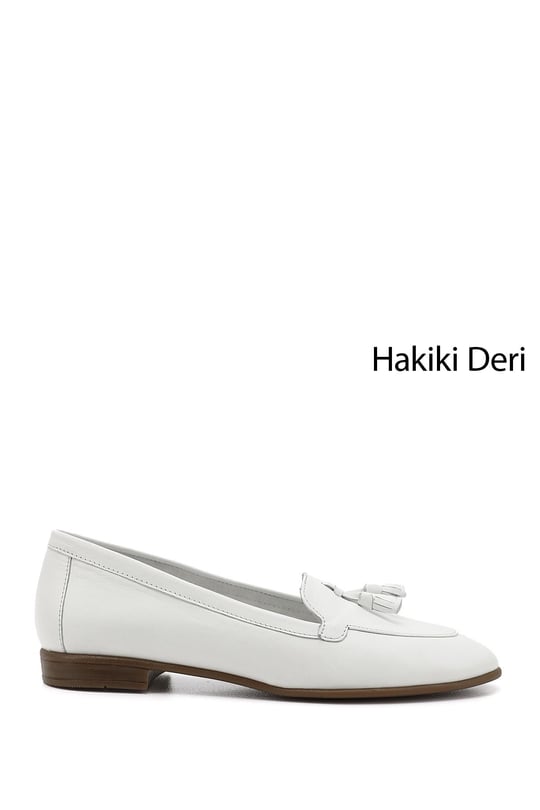 Kadın Beyaz Püsküllü Hakiki Deri Babet