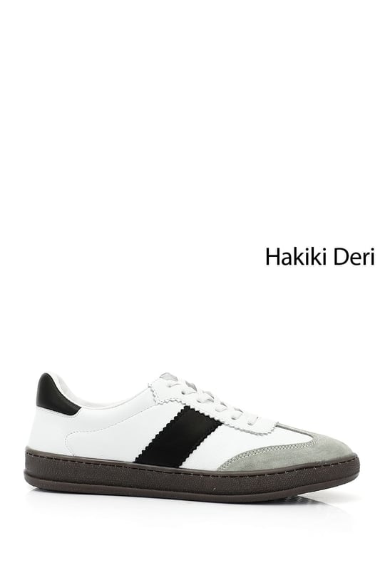 Kadın Beyaza Gri Bağcıklı Hakiki Deri Sneaker