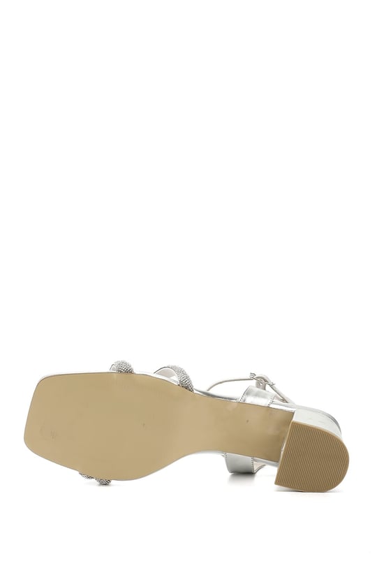 Women's Silver Stone Ankle-Strap Medium Thick Heel Double-Strap Sandals