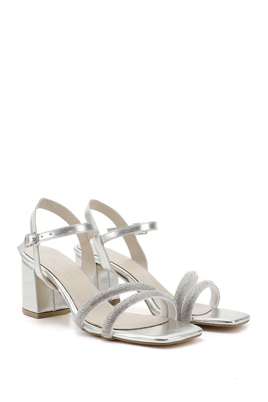Women's Silver Stone Ankle-Strap Medium Thick Heel Double-Strap Sandals