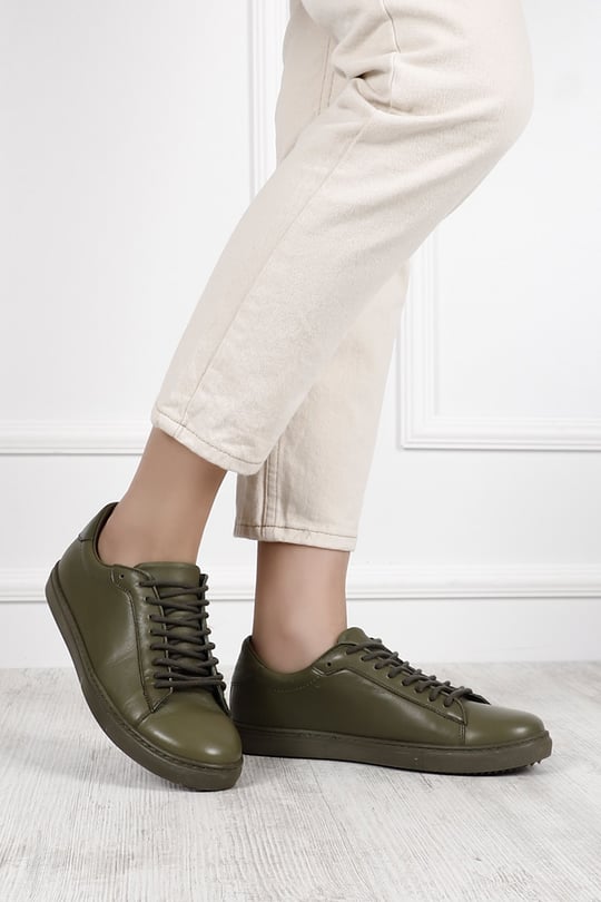 Kadın Haki Antik Bağcıklı Termo Taban Hakiki Deri Sneaker