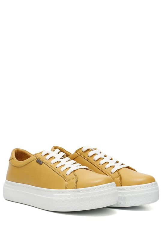 Kadın Hardal Bağcıklı Dolgu Taban Hakiki Deri Sneaker