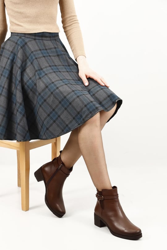 Women's Brown Floater Zippered Thick Heel Genuine Leather Boots