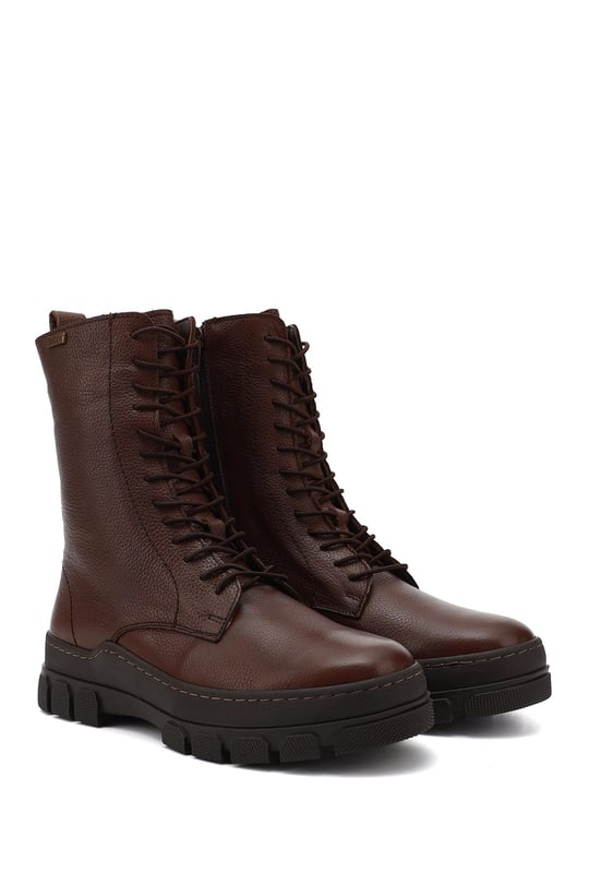 Women's Brown Floater Zippered Rubber Sole Genuine Leather Combat Boots